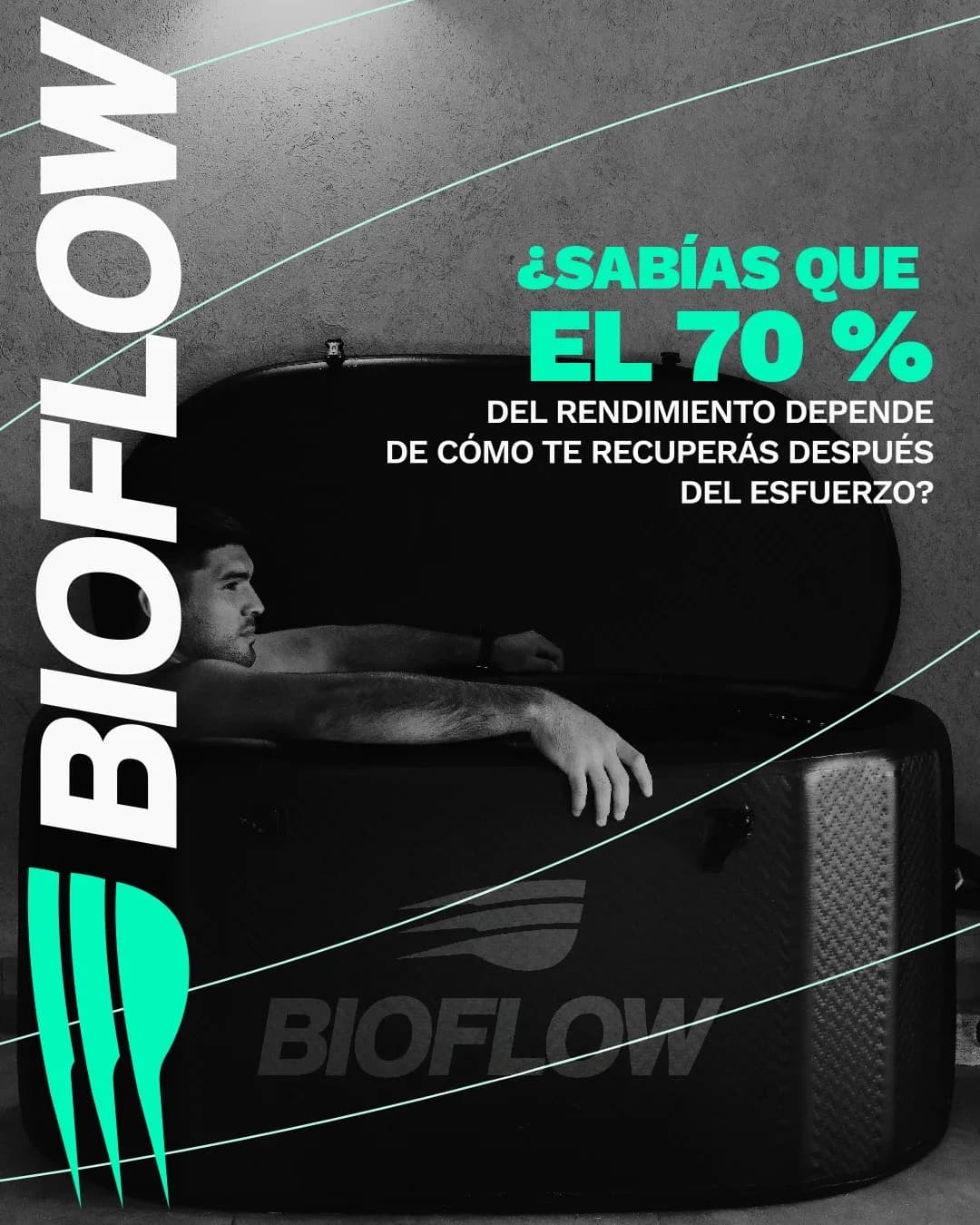 Pieza de Bioflow en blanco y negro: un deportista dentro de una tina de recuperación, con el dato de que el 70 % del rendimiento depende de cómo te recuperás.
