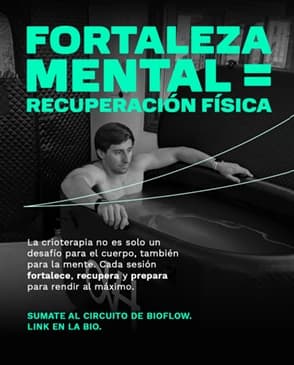 Placa de Bioflow en blanco y negro con verde: un deportista en una tina de crioterapia y el título fortaleza mental igual a recuperación física.