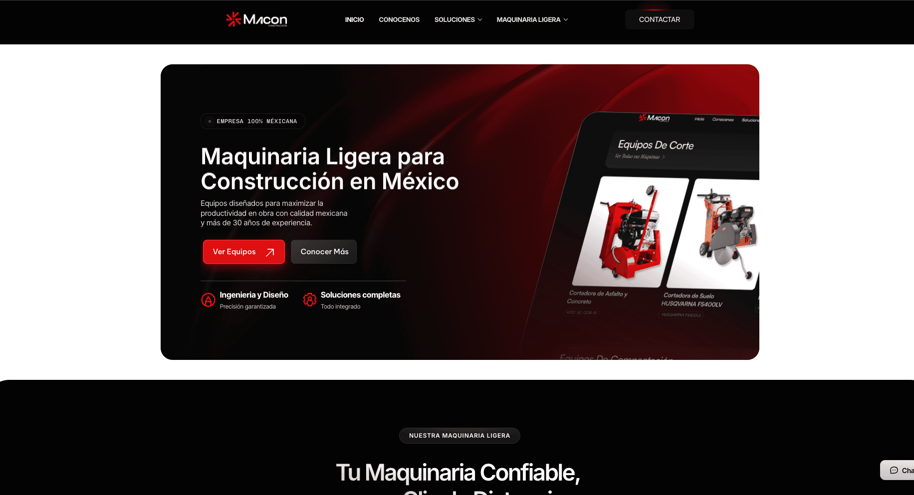 Portada del sitio de Macon, sobre fondo negro y rojo: maquinaria ligera para construcción en México.