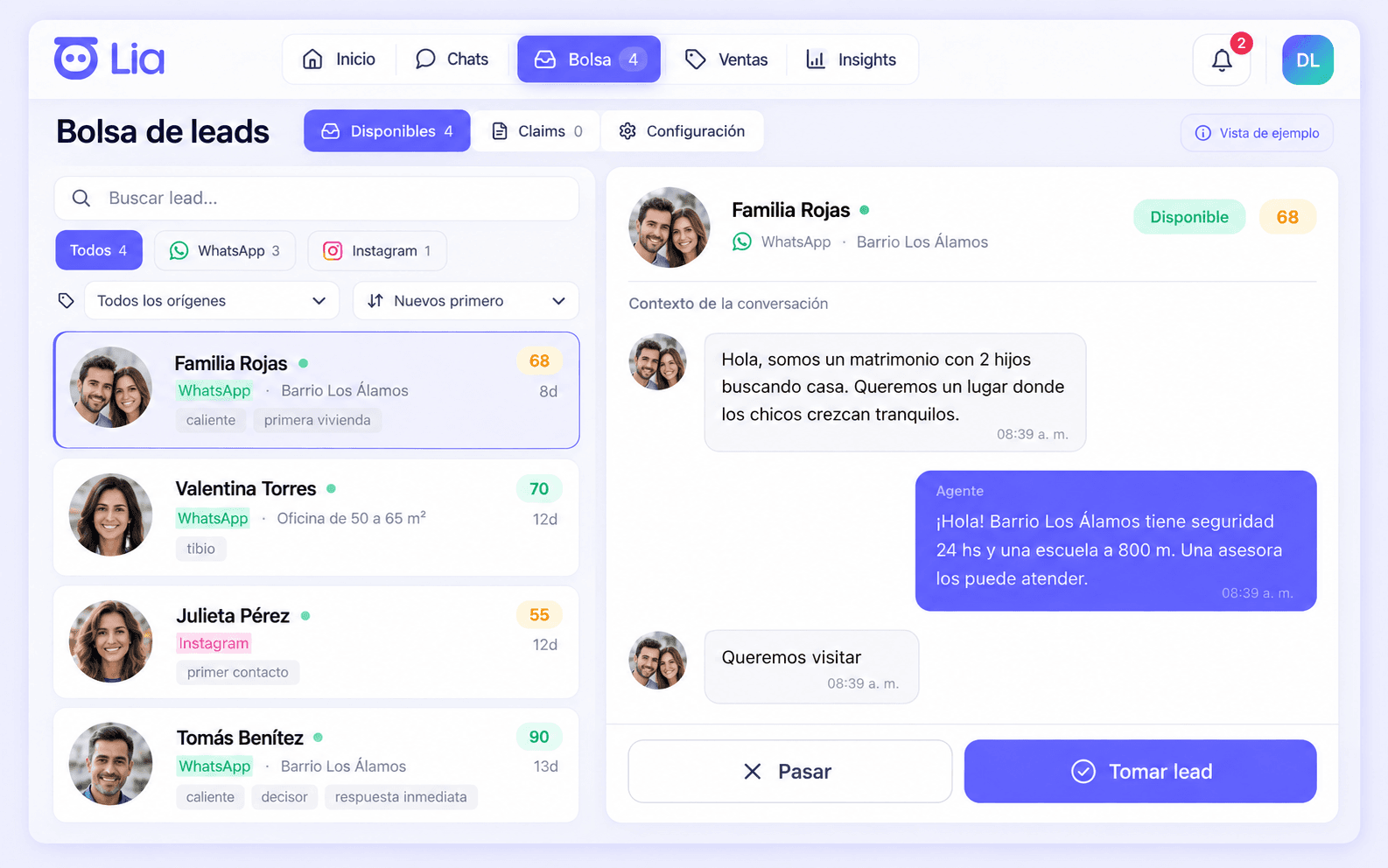Bolsa de leads de LIA: leads disponibles con canal, proyecto y puntaje, el contexto de la conversación y los botones Pasar y Tomar lead