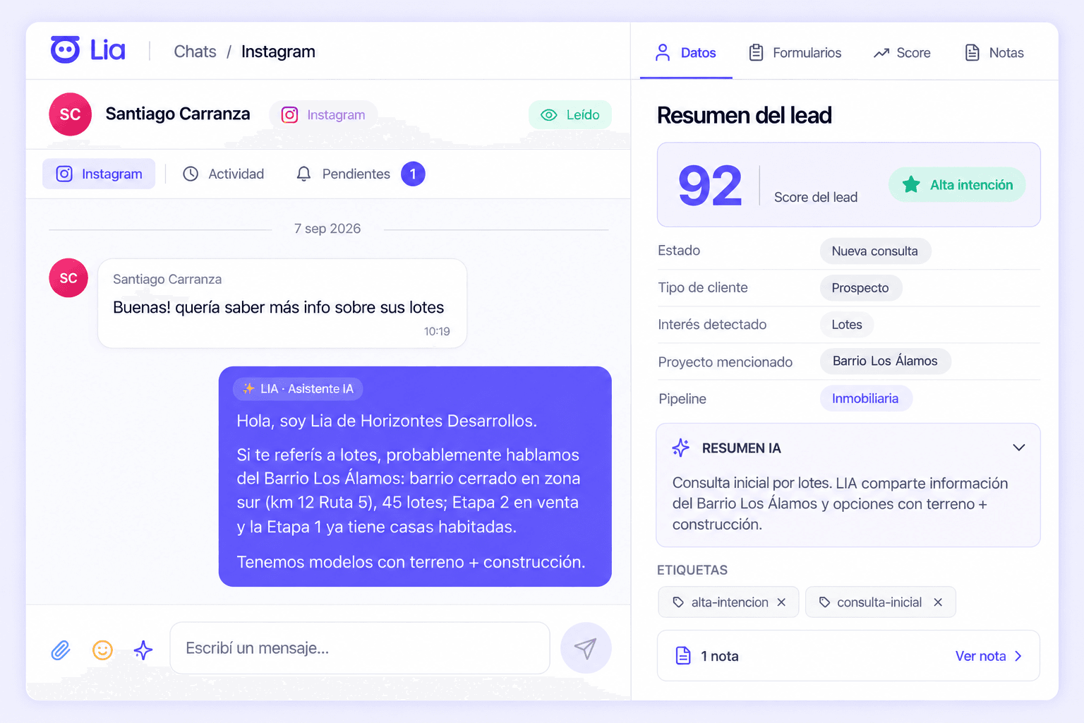 Conversación de Instagram en LIA: el lead consulta por lotes, LIA responde y a la derecha el resumen del lead muestra score 92 con alta intención, estado, tipo de cliente, interés detectado, proyecto, pipeline, resumen IA y etiquetas