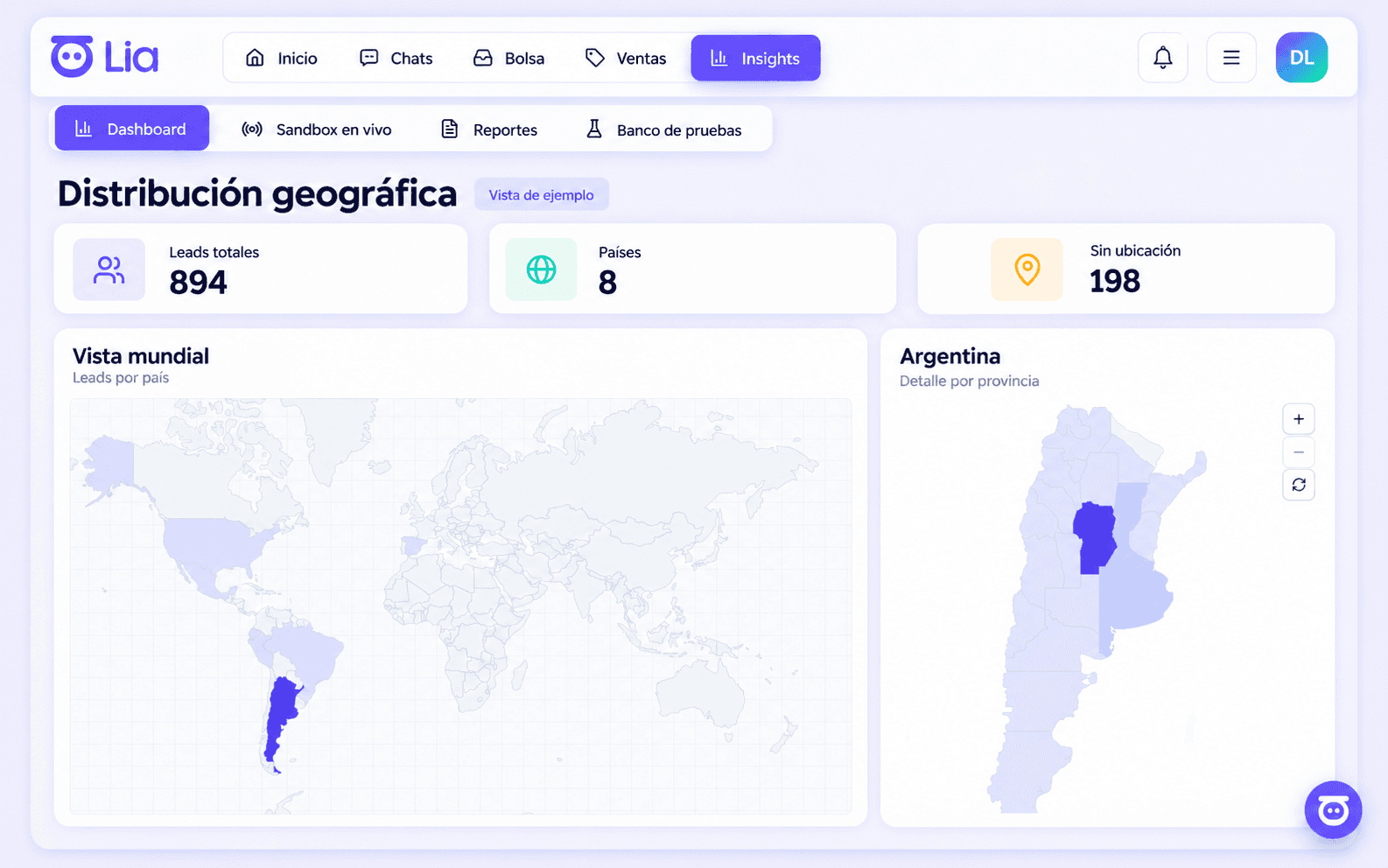 Distribución geográfica de los leads en LIA: leads totales, países, vista mundial y detalle por provincia de Argentina