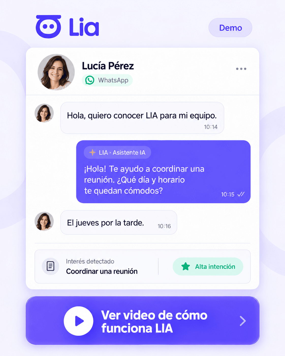 LIA chatting on WhatsApp with a lead who wants to know more: it offers to schedule a meeting and detects high intent