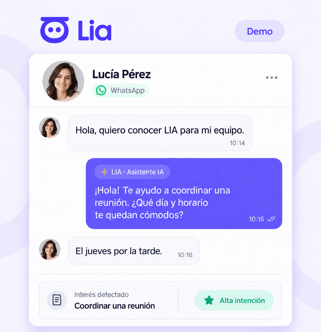 LIA coordina por WhatsApp una reunión con un lead y detecta alta intención