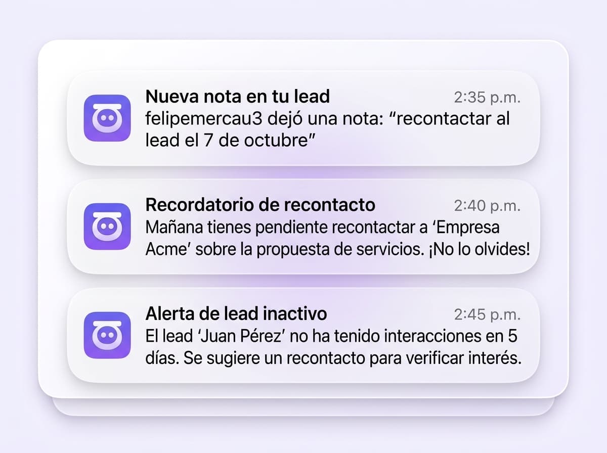 Tres notificaciones de LIA: nueva nota en un lead, recordatorio de recontacto y alerta de lead inactivo