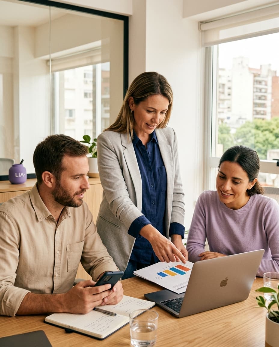 Tres integrantes de un equipo comercial revisan un gráfico frente a una notebook en una oficina